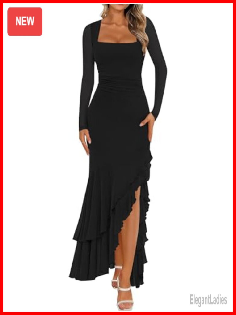 Mesh Long Sleeve Square Neck Bodycon Maxi Dress High Slit Ruffled Wedding Guest